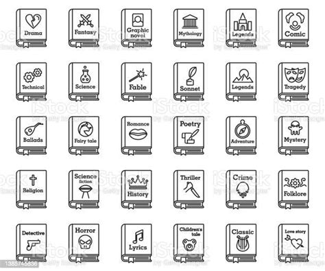 Literary Genres Book Icons Set Outline Style Stock Illustration