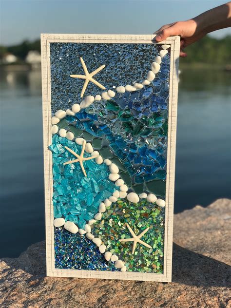 Free Shipping 21x 11 Mosaic Coastal Window Mixed Etsy Sea Glass Mosaic Beach Glass Art