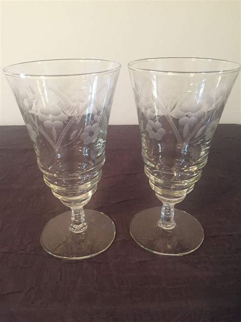 Vintage Etched Stemmed Water Glasses Set Of 2 Etsy Vintage Porcelain Pitcher Glassware