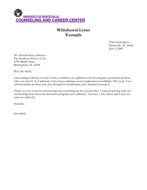College Application Withdrawal Letter Sample Withdrawal Letter