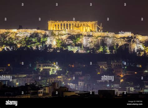 Greece Athens Illuminated Acropolis At Night Stock Photo Alamy