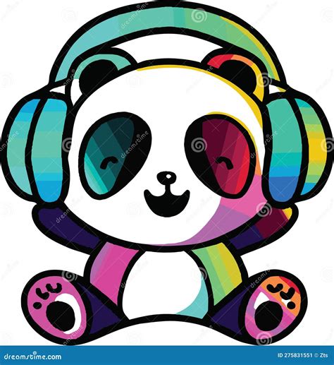 Happy Panda With Headphones Listening To Music Kawaii Style Stock