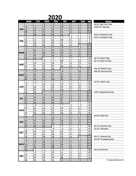 2020 Business Project Planning Calendar With Week Number Free