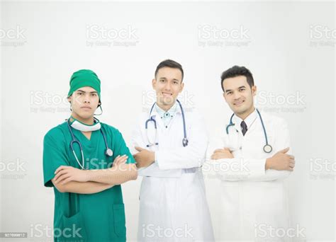 Group Of Medical Doctor With Stethoscopes Over On White Background