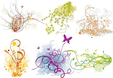 Design Elements Collection Colorful Curves Flowers Trees Icons Vectors
