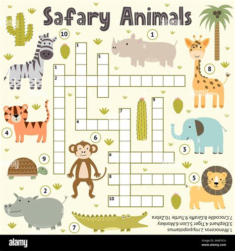 Crossword For Kids With Cute Safari Animals Word Search Puzzle Stock