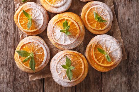 Orange Cookies With Mint And Powdered Sugar Close Up Horizontal Stock