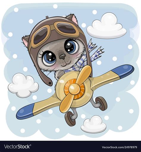 Cute Kitten Is Flying On A Plane Royalty Free Vector Image Cute
