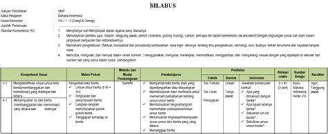 Untuk silabus kurikulum 2013 sendiri terdapat berbagai macam versi atau model. Silabus Bahasa Indonesia SMP/MTs Kelas 8 Semester Ganjil ...