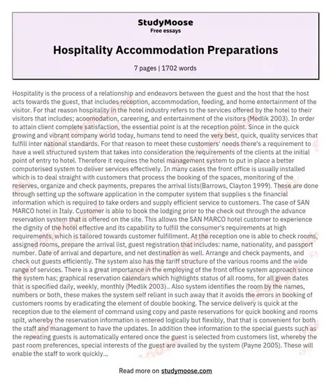 Hospitality Accommodation Preparations Free Essay Example