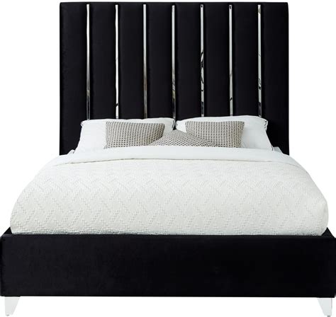 This beauty will create a lush, modern escape in your master bedroom. Berwyn Modern Black Velvet Queen Platform Bed with Tall Chrome Channel Headboard