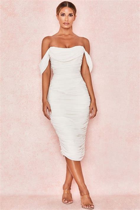 Cutesove Off Shoulder Ruched Bodycon Cocktail Party Dress White Cutesove