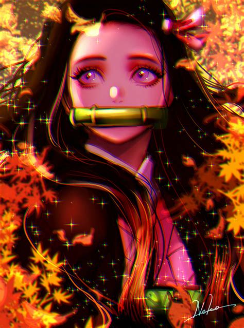 Safebooru 1girl Anaglyph Autumn Autumn Leaves Black Hair Japanese Clothes Kamado Nezuko