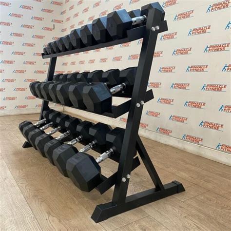 Hex Rubber Dumbbell Set 25kg To 30kg With Rack Pinnacle Fitness