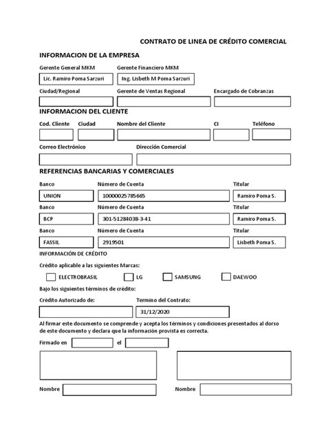 Contrato De Linea De Crédito Comercial Pdf Bancos Business