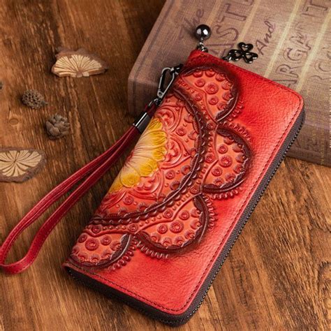 Womens Embossed Genuine Leather Zip Around Wallet Clutch Wallet Purse