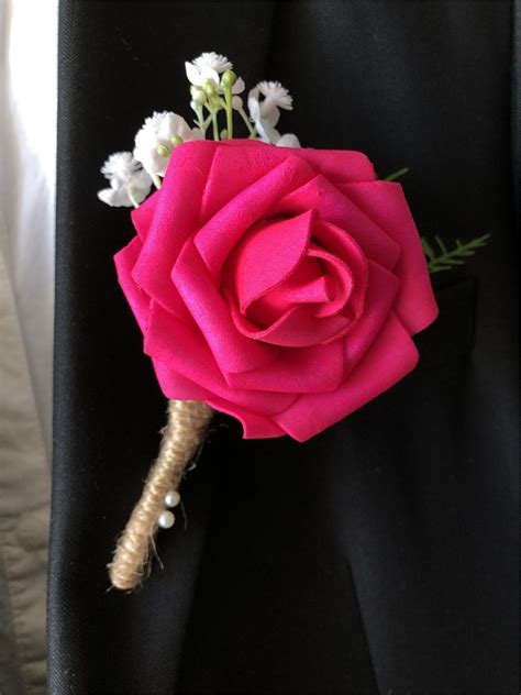 Hot Pink Grooms Boutonniere With Babysbreath Fuchsia Groomsmen Etsy