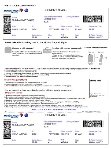 Malaysia Airlines Mas Sample Boarding Pass Baggage Frequent Flyer