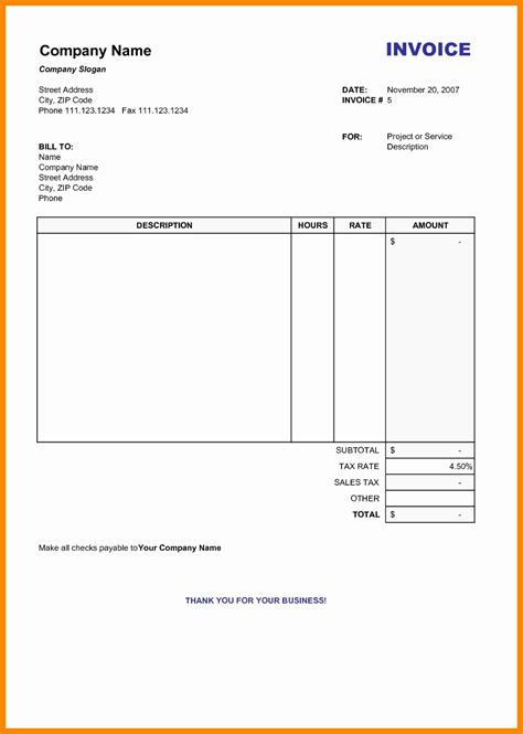 Word Document Self Employed Printable Invoice Template Receipt