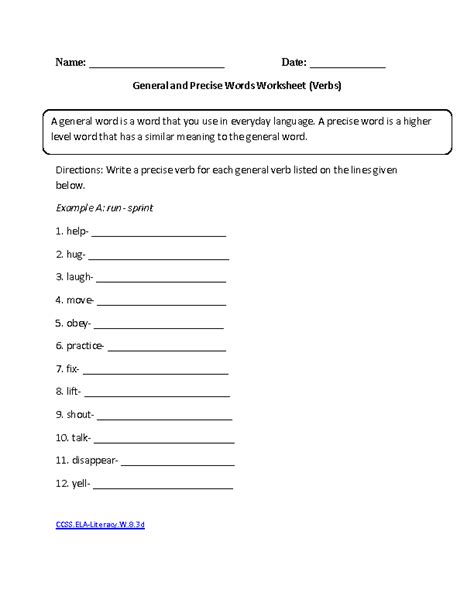 Etutorworld provides such worksheets that set students thinking logically. General and Precise Verbs ELA Literacy.W.8.3d Writing Worksheet | Transition words worksheet ...