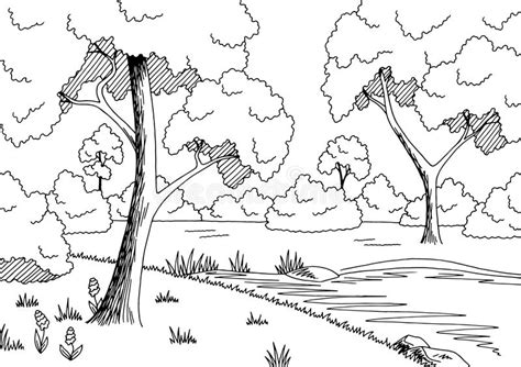 Forest Lake Graphic Black White Landscape Sketch Illustration Vector
