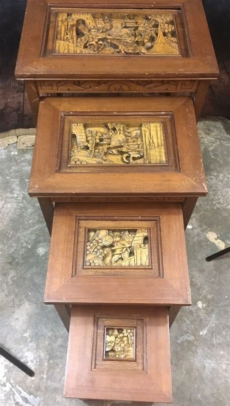 The teak nesting tables come in 3 sizes! Set Of 4 Antique Hand Carved Asian Nesting Tables | eBay | Nesting tables, Hand carved, Natural ...