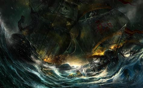 Galleon Ship Sinking Illustration Ship Pirates Fantasy Art Hd