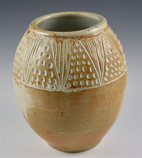 Rustic Carved Vase Geometric Colored Slip Celadon Hand Made Salt Fired
