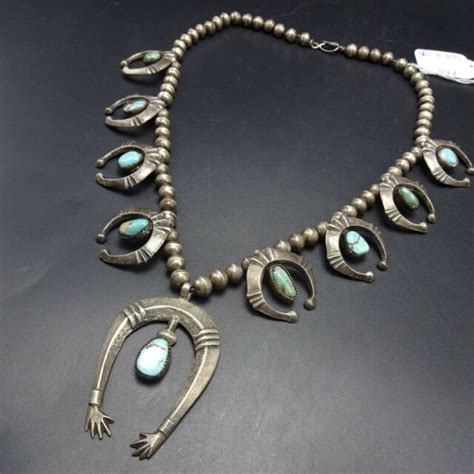 S Vintage Navajo Sterling Silver Turquoise Squash Blossom Necklace
