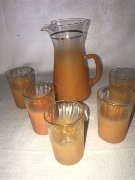 Vintage 6 Piece Blendo Orangeclear Frosted Juice Pitcher And 5 Glasses