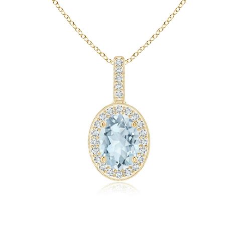 Angara Vintage Style Oval Aquamarine Pendant With Diamond Halo In 14k