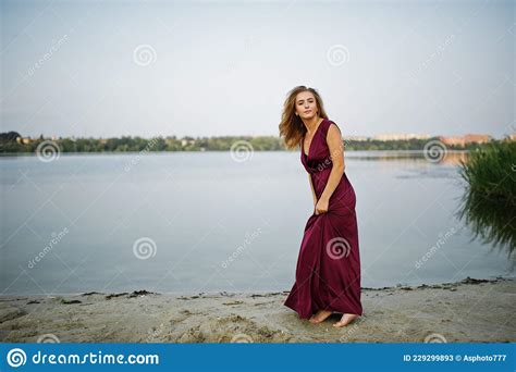 Blonde Sensual Woman In Red Marsala Dress Stock Image Image Of