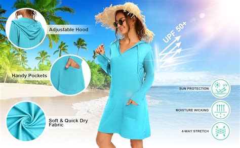 Womens Upf 50 Cover Up Dress Beach Spf Long Sleeve Shirt Dress Sun