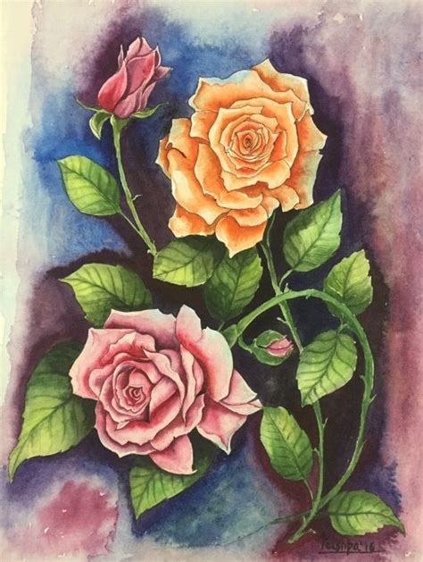 Vintage Roses Ink Pen And Watercolor Painting By Pushpa Sharma