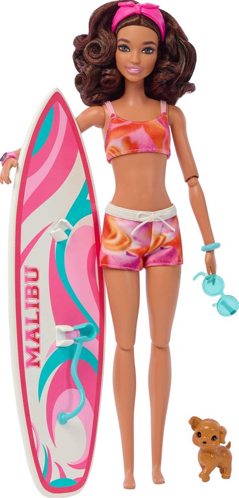 Barbie Doll With Surfboard And Puppy Poseable Brunette Barbie Beach