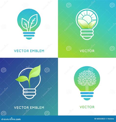 Eco Energy Concept Light Bulb Icons With Green Leaves Stock Vector