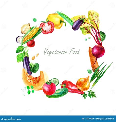 Watercolor Illustration Round Frame Of Vegetables Vegetarian Food