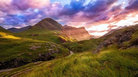 Wallpaper Scotland Highland Valley Mountain Road Clouds Sky Sunset 1920x1080 Full Hd 2k