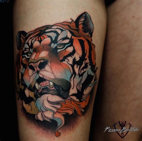 New School Style Colored Thigh Tattoo Of Steady Tiger Head
