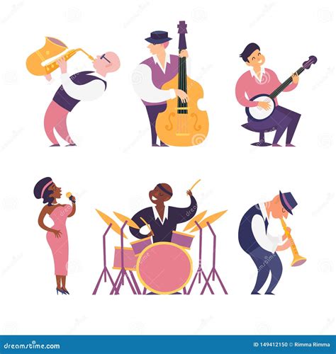 Jazz Band Vector Colorful Illustration Cartoon Jazz Musicians Set Stock Vector Illustration