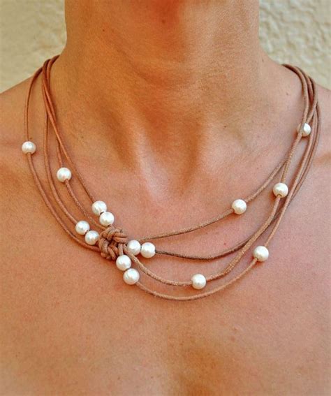 Pearl And Leather Jewelry Reef Knot Leather Necklace Pearl Etsy