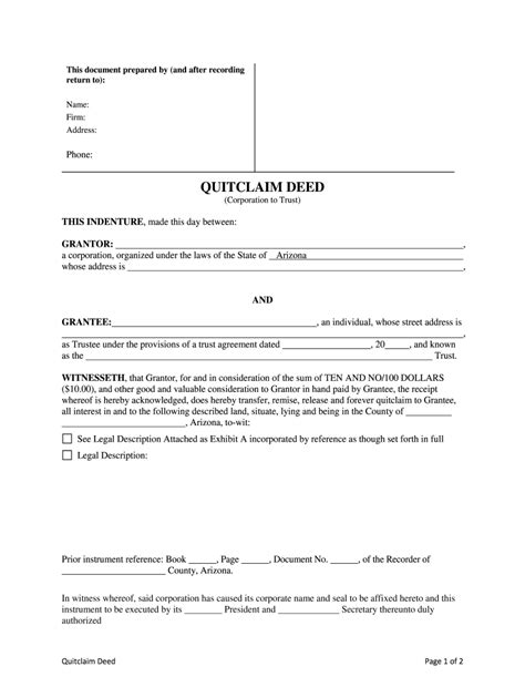 Arizona Quitclaim Deed From Corporation To A Trust Form Fill Out And