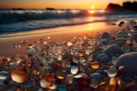 Beautiful Beach At Sunset Full Of Sea Glass Beach Pebbles Sands And