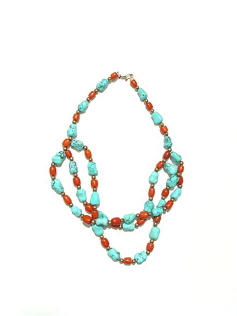 Coral Bead Turquoise Bead And Gold Bead Necklace Sb For Sale