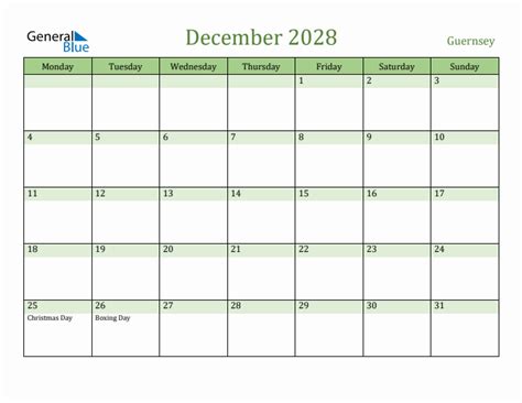Fillable Holiday Calendar For Guernsey December 2028
