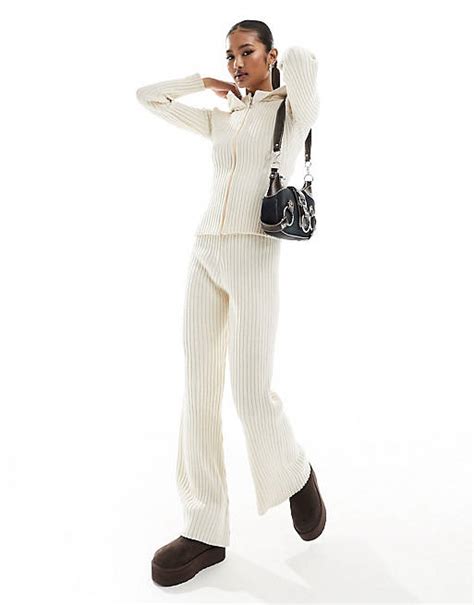 Fashionkilla Knitted Hoodie And Straight Leg Trouser In Cream Asos