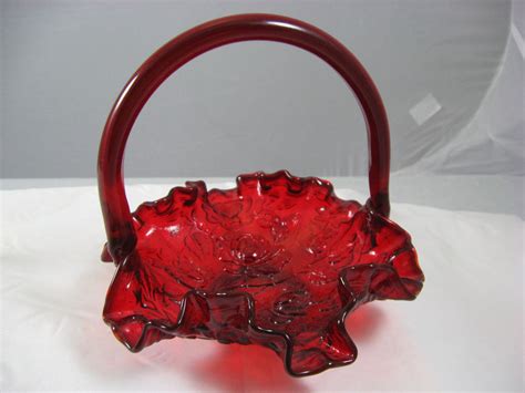 Vintage Fenton Glass Ruby Red Handled Basket Candy Dish Rose Etsy Fenton Glass Leaves