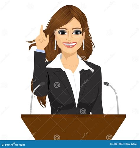 Female Orator Standing Behind A Podium With Microphones Cartoon Vector