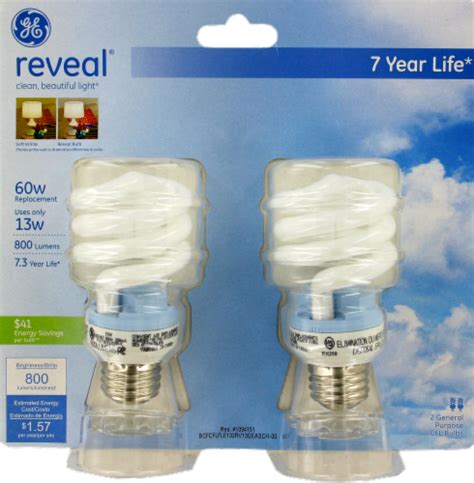 Ge Reveal 13 Watt 60 Watt Spiral Cfl Light Bulb 2 Pack 2 Pack