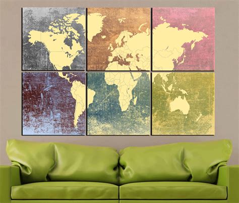 World Map Colorful Decorative 6 Canvas Panelsworld Map Large Wall Art